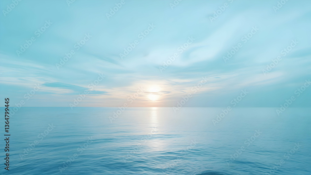 Wall mural bright sun creating a dazzling reflection path across calm blue water under a vast pale blue sky wit