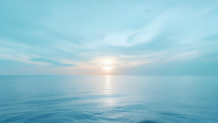 Bright sun creating a dazzling reflection path across calm blue water under a vast pale blue sky with scattered soft white clouds, conveying serenity and midday brightness