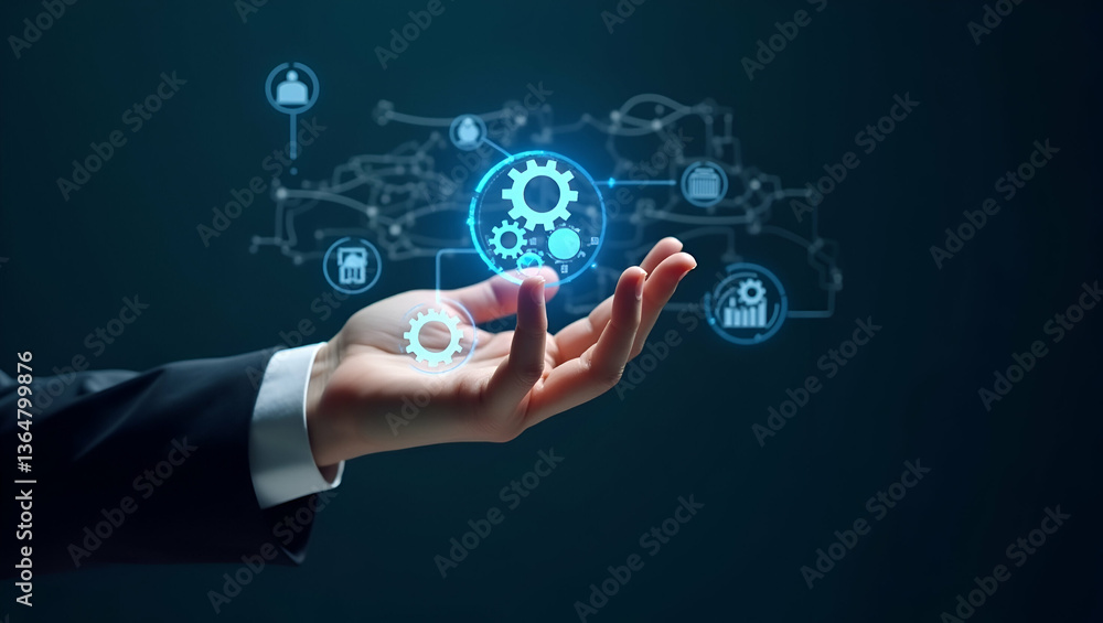Poster flat hand engaging with holographic digital automation interface: a cute vector illustration of gear