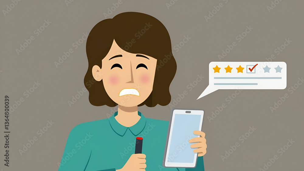 Poster flat unhappy customer expressing sadness in 1 star survey review indicating bad user experience on s