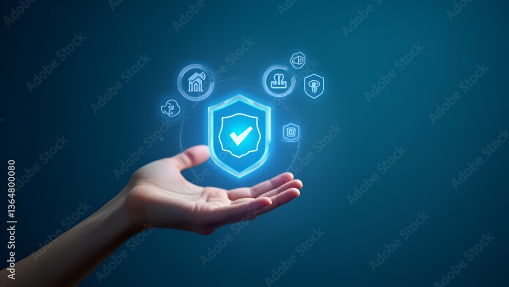 Poster flat hand holding holographic quality control and certification icons with checkmark symbol on blue 