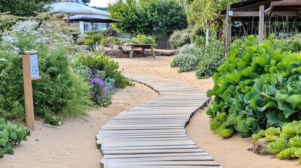 Boardwalk with sandy path and coastal plant borders, outdoor scene.