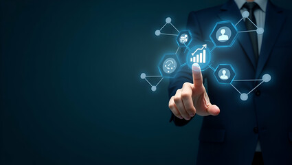 Hand Interacting with Holographic Digital Marketing Interface: Engaging Customer Analytics Icons in Empty Space for Modern Marketing Strategies - Stock Photo Concept