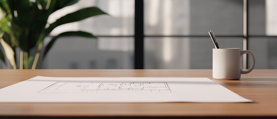 Wooden desk with a white mug and a pen on it. on the desk, there is a piece of paper with a blueprint or architectural drawing on it, which appears to be a floor plan.