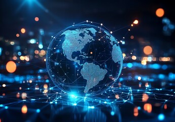 Obraz premium Digital Earth Globe Connecting Network with Glowing Dots and City Background
