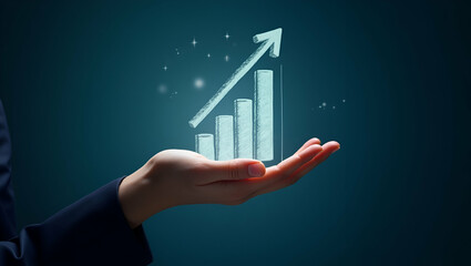 Flat Hand Presenting Holographic Revenue Growth Tools: Visualize Profit and Loss Metrics with a Cute Vector Illustration for Smart Business Insights on Growth Tracking