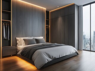 Modern bedroom interior showcasing a luxurious bed near city view windows