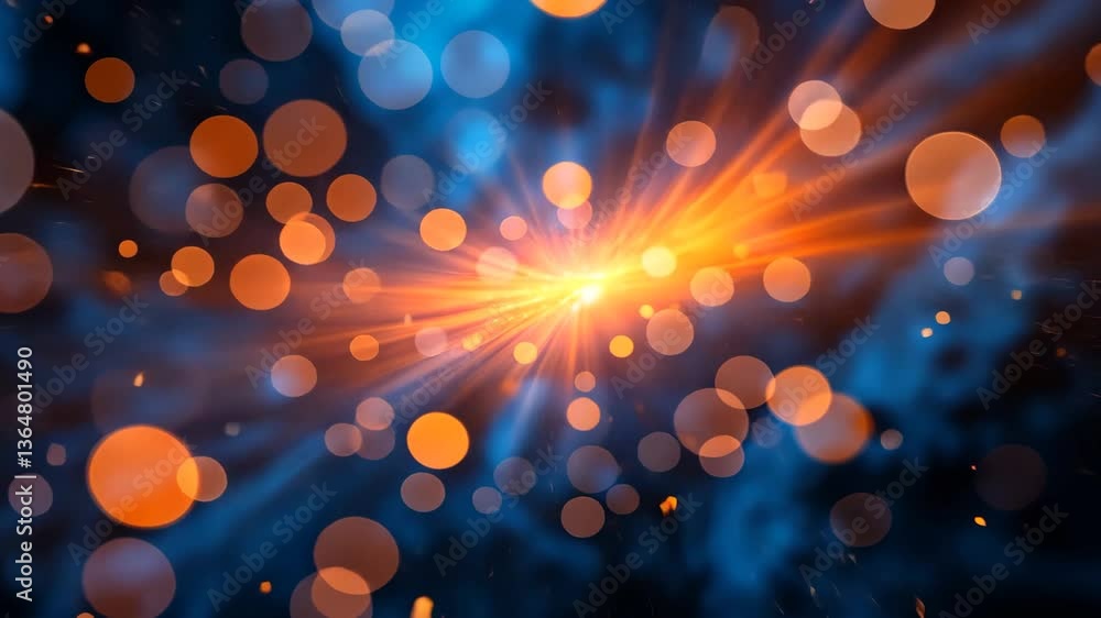 Poster abstract composition with glowing light and orange bokeh effect on a blue background