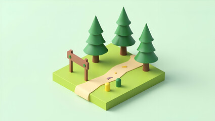 Minimalist Isometric Icon of Hiking Trail with Markers and Trees - Ideal for Outdoor Activities and Adventure Project Designs in Photo Stock with Ample Empty Space on the Left
