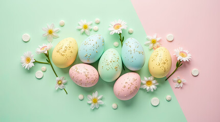 A bright and cheerful composition of pastel Easter eggs and delicate daisies on a two-color background, divided diagonally (mint and pink). An excellent background for creating postcards, banners.