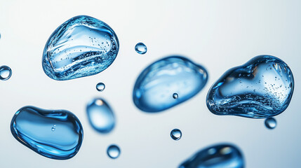 Blue water droplets floating in the air, white background, product photography, still life,...