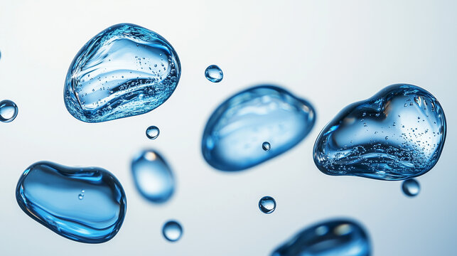 Blue water droplets floating in the air, white background, product photography, still life, molecules, glass bubbles, moisturizing, Cosmetic essence, liquid, serum,3d render 