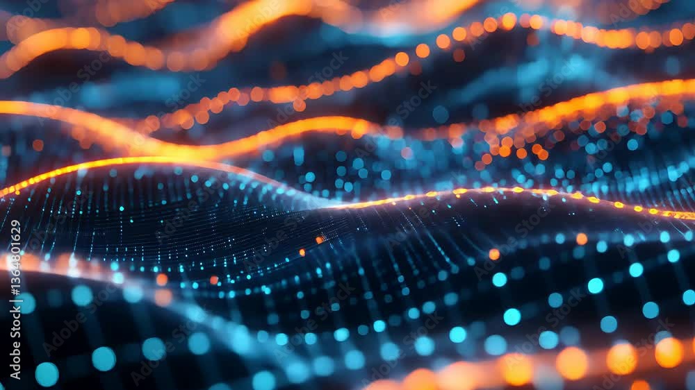 Poster abstract digital wave pattern with blue and orange lights in motion
