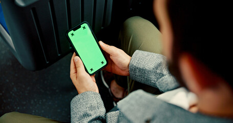 Hands, man and phone with green screen in bus, travel and user experience with tracking marker....