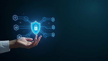 Hand interacting with holographic two factor authentication device showing shield 2FA secure access icons in empty space concept as Hand interacts with holographic two factor authentication device dis