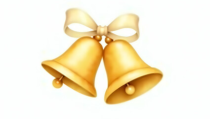 Watercolor Painting of Two Golden Wedding Bells Tied with Cream Ribbon on White Background - Perfect for Stock Photos with Empty Space for Custom Text or Design