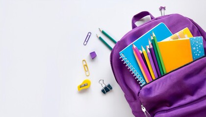 Top View of Purple School Backpack with Books and Stationery on White Background Isolated. Back to School Concept. Banner with Copy Space.