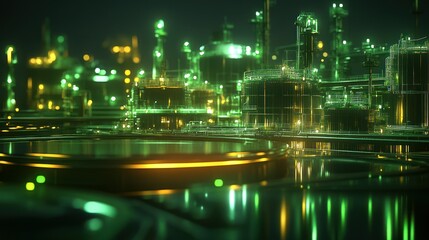 Obraz premium Futuristic Green Refinery: A Nighttime Digital Rendering