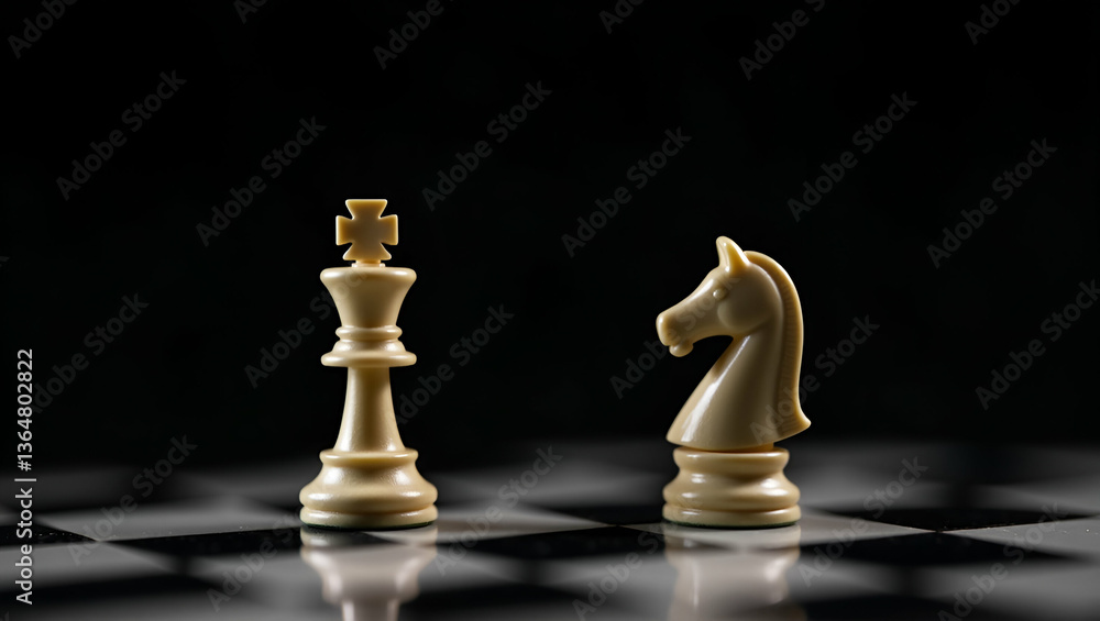 Poster king and knight chess setup on dark background: classic strategy and royal dynamics in game concept