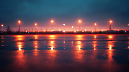 A deserted parking lot at twilight, where the asphalt glows from the reflection of vibrant city lights. The orange glow of overhead lamps contrasts with the deep blue sky, creating a cinematic,