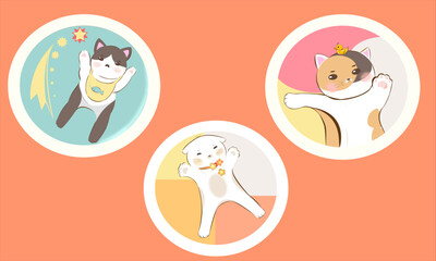 Three cats in white frames, cute cartoon cats image in circles, avatars, design, logos. Vector
