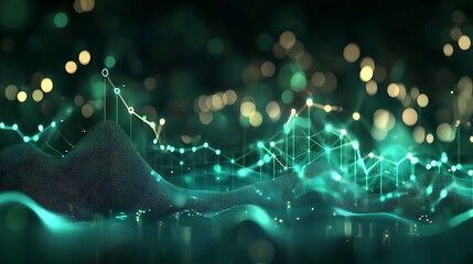 abstract background with line graph soft color ,random chart,left down to right up,random wave,down left to top right,yellow color and green soft light color and bokeh and shadow of each wave