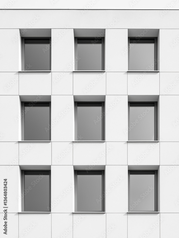 Poster black and white photograph of a building with multiple windows. the building appears to be a modern 