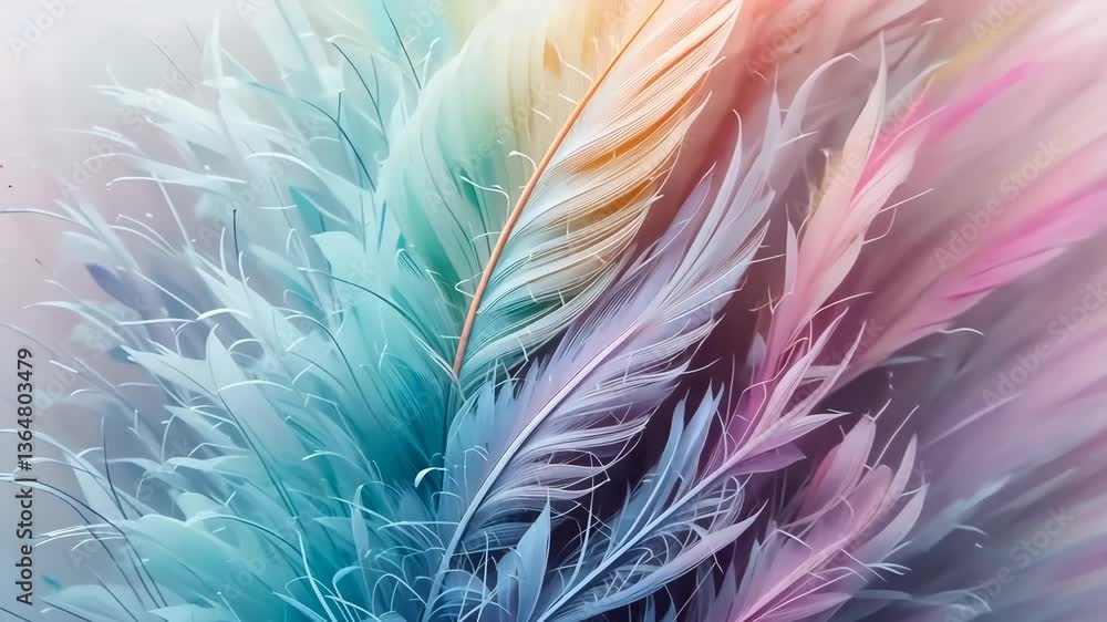 Poster abstract feather cluster in pastel colors with soft lighting and delicate texture