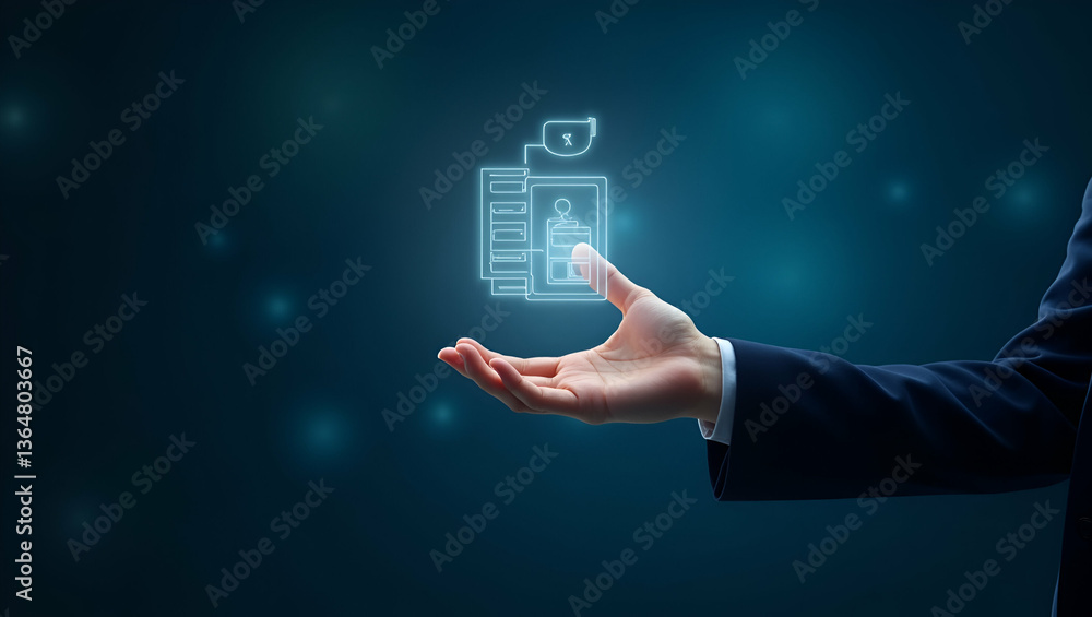 Aufkleber flat hand interacting with holographic device for online tax filing with empty space background conc