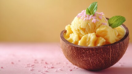 Creamy Mango Sticky Rice Ice Cream Served in a Carved Coconut Bowl with Fresh Tropical Ingredients