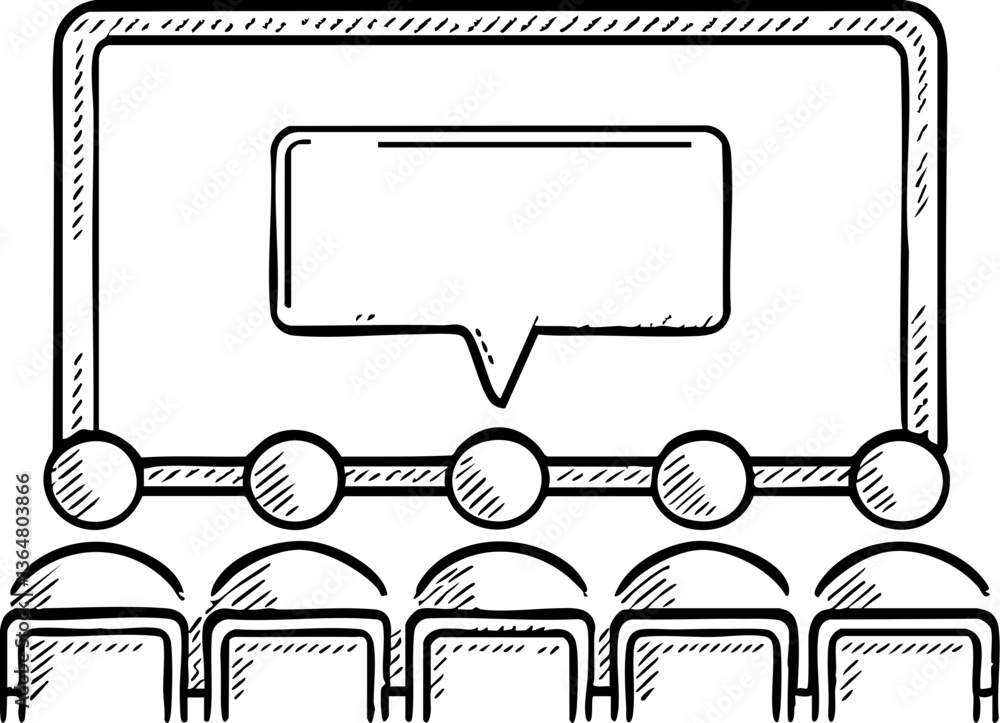 Poster a sketch of an audience watching a presentation on a large screen, featuring a speech bubble indicat