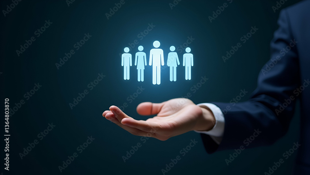 Poster showcasing holographic interview performance symbols: a hand demonstrates interview questions effect