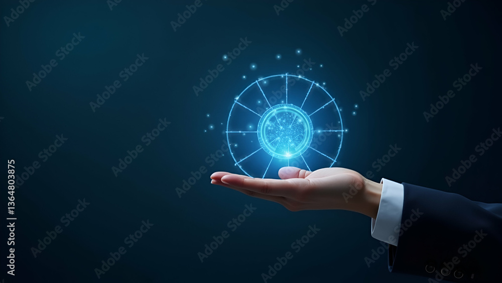 Poster enhancing digital literacy at work: a hand operating a holographic device for improved productivity 