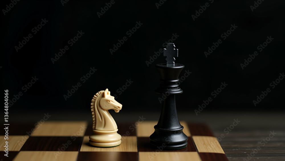 Poster king and knight chess setup on dark background: classic strategy dynamics
