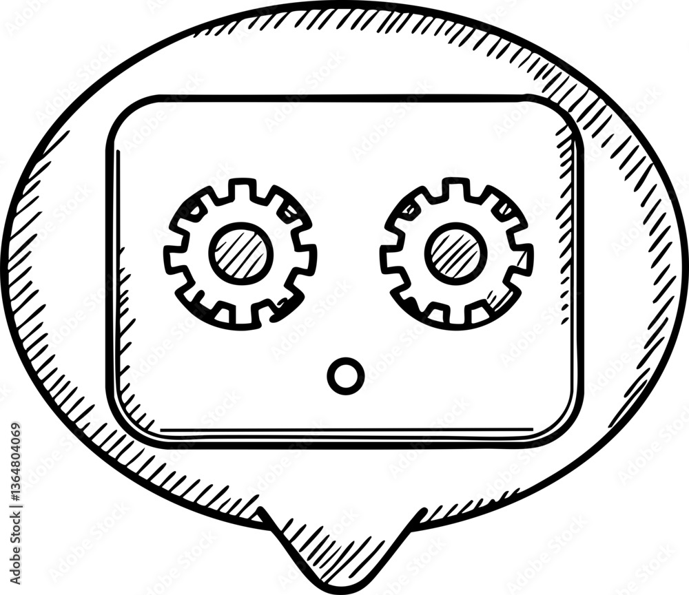 Poster a sketch of a speech bubble containing a device with gears, symbolizing communication, technology, a