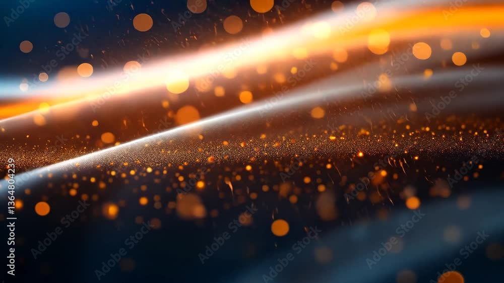 Poster abstract glowing orange particles flowing through wavy light trails with bokeh effect