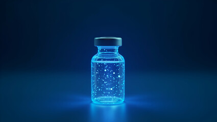 Stunning Low Polygon Design of Glowing Blue COVID-19 Vaccine Bottle: A Wireframe Concept Representing Immunization Treatment with Triangle Style and Particle Connections - Stock Photo with Space for T