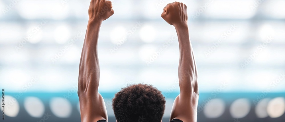 Poster person with their arms raised in the air, with their fists clenched in a victorious gesture. the per