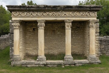 Naklejka premium A close-up of Arlesâ€™ stone archways and Roman columns, showing the intricate details of its ancient past