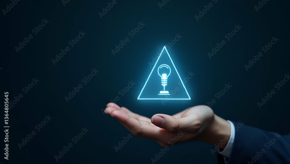 Poster flat hand presenting holographic reward analysis icon symbolizing risk reward analysis in financial 