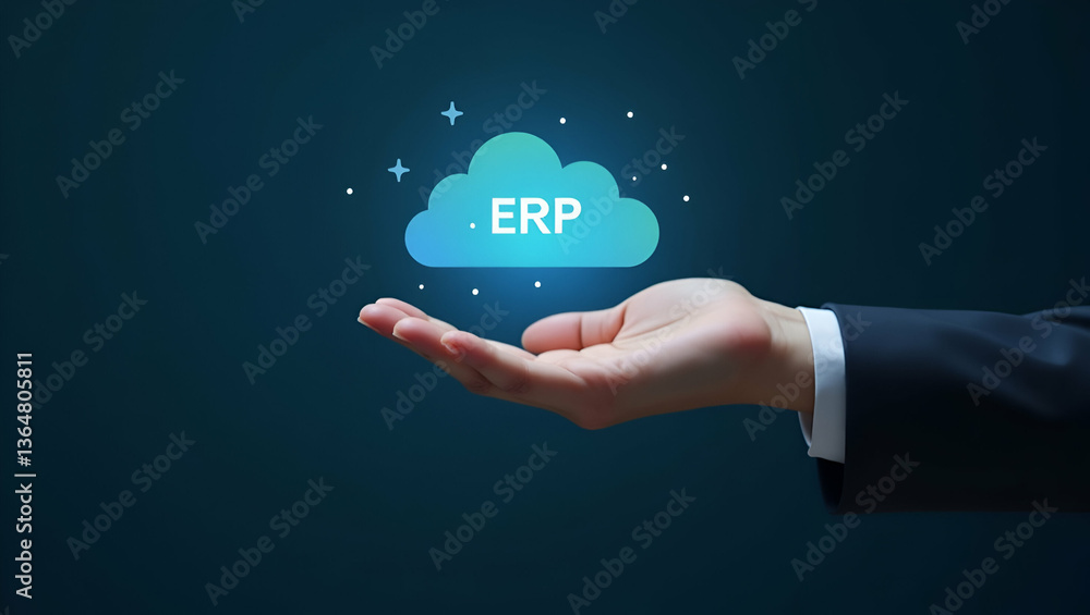 Poster flat hand presenting holographic collaboration icon: a minimalist vector illustration of erp softwar
