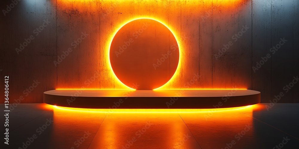 Poster illuminated circle and platform with glowing orange light product display