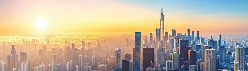 Fototapeta premium Sunrise cityscape, aerial view, hazy morning, urban skyline, city background