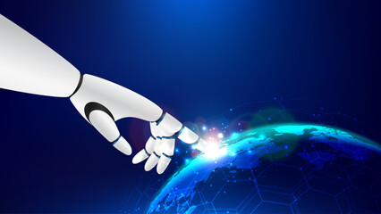 AI robot hand touching Earth globe with digital technology blue background. Artificial intelligence and marketing in business. Featuring light effects and futuristic AI concept. Vector illustration.