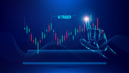 AI trading technology concept on smartphone with hand touching candlestick chart on blue background. Advanced technology in stock market trading and digital currencies.