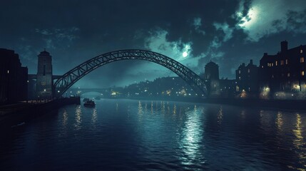Naklejka premium Misty night cityscape with bridge over river
