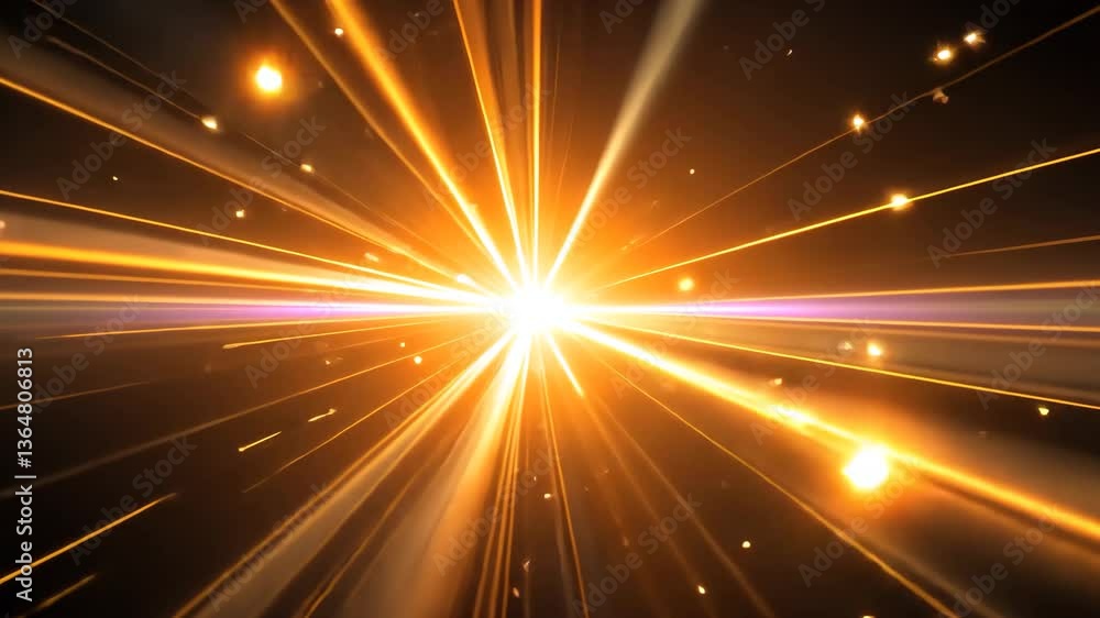 Poster abstract golden light rays bursting from central bright point with sparkling particles on black back