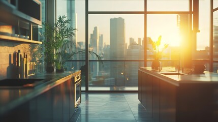 Fototapeta premium Modern Kitchen Interior with Wooden Cabinets and Dining Table