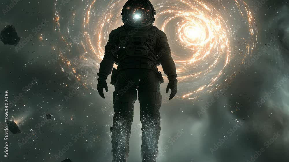 Poster astronaut standing before glowing cosmic vortex in space exploration scene