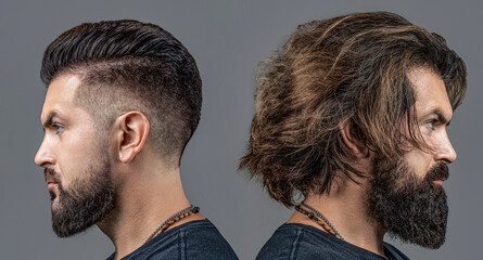 Before after of stylish young bearded man guy, trendy beard haircut. People lifestyle barber shop...
